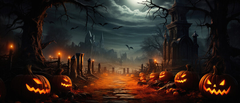 Happy Halloween Background Spooky Scene, Creepy Dark Night Jack O Lantern Pumpkins And Spooky Graves On Graveyard Ghosts Horror Gothic Evil Cemetery Landscape. Mysterious Night Moonlight Backdrop.