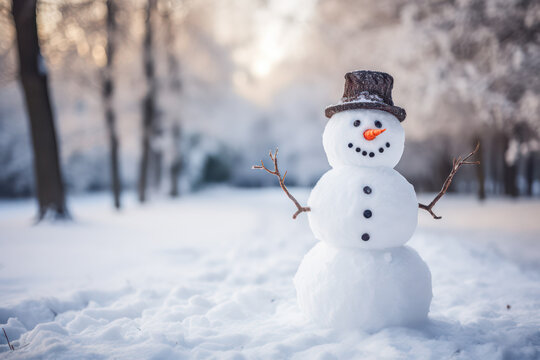 Snowman with hat in the snow