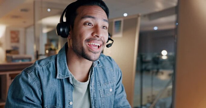 Business, call center or man with telemarketing, conversation or communication with tech support. Japanese person, sales agent or employee with headphones, customer service or talking with help desk