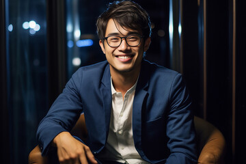 Handsome man with a happy face sitting and smiling with a confident smile showing teeth. Portrait of young man smiling. Young Asian man sitting at coffee shop. Generative AI.