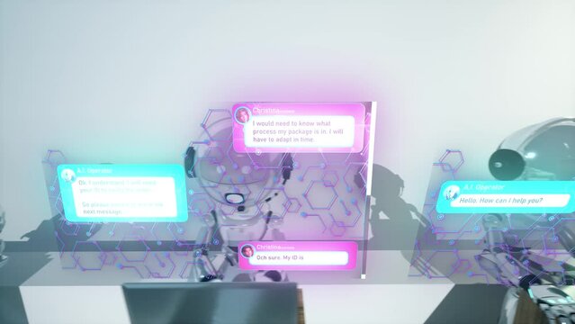 robots chat bots a.i. working an operators human job. Answering calls and help to customer with service. Modern futuristic 3d 4k animation