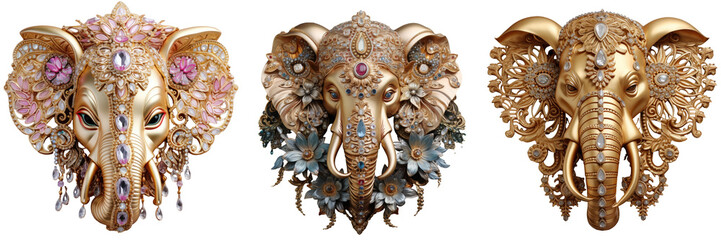 Fototapeta na wymiar Thai wall decor featuring golden elephant head with jewels transparent background