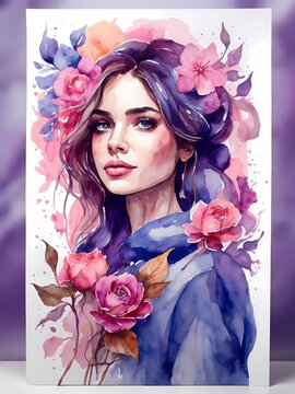 Woman with Flowers is a Portrait of a young woman with Flowers in watercolor watercolor illustration with vibrant colors and creative abstract painting digital illustration.
