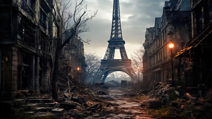 Destroyed Paris, apocalyptic fiction view of post apocalypse - obrazy, fototapety, plakaty