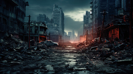 Post apocalypse, gloomy apocalyptic scene of city street after war - obrazy, fototapety, plakaty