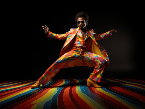 An energetic portrait of a disco dancer in seventies LGBTQ fashion, donning bold patterns, wide collars, and platform shoes. Generative Ai