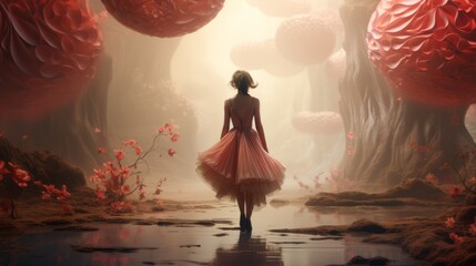 rear view of woman in a dress in fantasy world