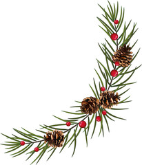 Fototapeta Christmas garland of tree branches, berries,  and christmas balls. Realistic looking Christmas decor on transparent, png, obraz