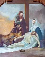 Poster SEBECHLEBY, SLOVAKIA - OKTOBERT 8, 2022: The painting Deposition (Pieta) as part of Cross way stations in St. Michael parish church by unkonwn artist from beginn of 20. cent. © Renáta Sedmáková