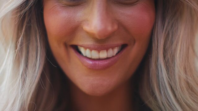 Close up shot of mature woman's smiling mouth as she looks at camera - shot in slow motion