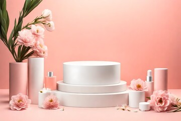 Obraz na płótnie Canvas Top view of a minimalist flat lay backdrop with a white round podium pedestal and an empty mockup of a cosmetic and beauty goods presentation scenario 