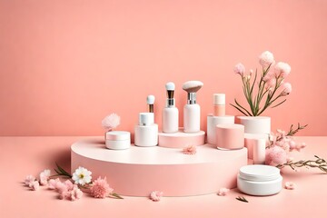 Obraz na płótnie Canvas Top view of a minimalist flat lay backdrop with a white round podium pedestal and an empty mockup of a cosmetic and beauty goods presentation