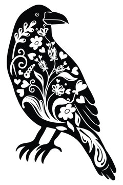 Boho Floral Raven silhouette , Boho Bird , Wildflowers
