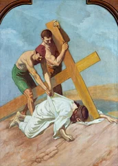 Foto op Canvas SEBECHLEBY, SLOVAKIA - OKTOBERT 8, 2022: The painting  Jesus fall under the cross  as part of Cross way stations in St. Michael parish church by unkonwn artist from beginn of 20. cent. © Renáta Sedmáková