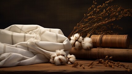 A bundle of raw cotton next to finished cotton fabric. 