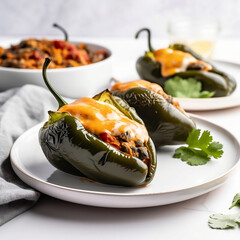 Easy Mexican Stuffed Poblanos( saucy stuffed peppers) on a white plate Latin American foods