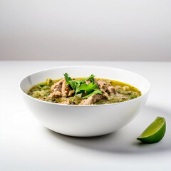 Latin Food of Spicy Pork Chili Verde on a white bowl zoom photography in minimalist background 