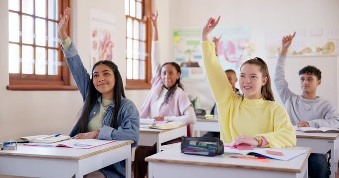 Hands raised, students and question in high school, learning and study in classroom. Group education, teenager and answer, asking why and kids development of knowledge for children listening together