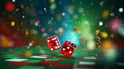 Picture of several red dice falling on green table at background of multicolored spots