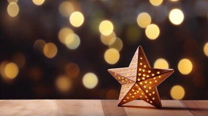 Small wooden Christmas star on the background of bokeh lights  