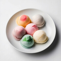 Mochi rainbow colors ice cream on a white plate view from the top.