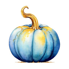 Fall pumpkin. Decorative pumpkin in blue and yellow colors. Watercolor illustration created with Generative Ai technology