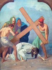 Poster SEBECHLEBY, SLOVAKIA - OKTOBERT 8, 2022: The painting  Jesus fall under the cross  as part of Cross way stations in St. Michael parish church by unkonwn artist from beginn of 20. cent. © Renáta Sedmáková