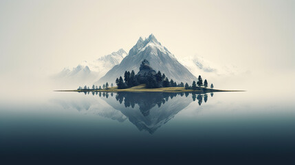 A minimalist landscape with a scenic a island with mountain and trees - obrazy, fototapety, plakaty