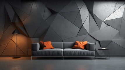 Abstract dark concrete interior with 3d polygonal patterns 