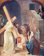 Zelfklevend Fotobehang SEBECHLEBY, SLOVAKIA - OKTOBERT 8, 2022: The painting Veronica wipes the face of Jesus as part of Cross way stations in St. Michael parish church by unkonwn artist from beginn of 20. cent. © Renáta Sedmáková