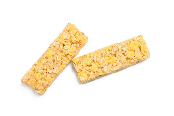 Two tasty granola bars isolated on white, top view