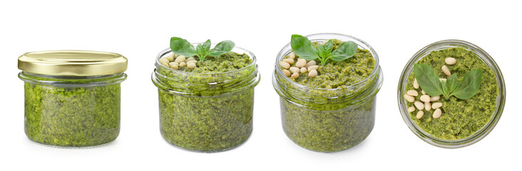 Collage with tasty pesto sauce in glass jar isolated on white, top and side views