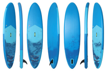 Collage with SUP board with paddle isolated on white, different sides