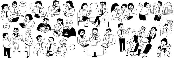 Vector illustration doodles of businesspeople, office workers, in communication concept. Outline, thin line art, hand drawn sketch design, simple style.  