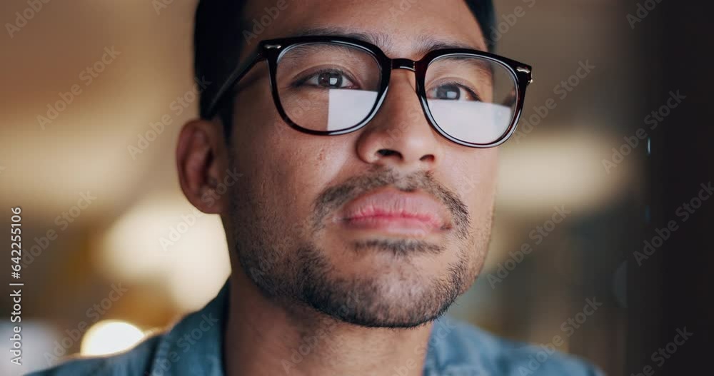 Aufkleber Business man, focus and reading on computer for programming, software and information technology solution. Programmer in glasses and screen reflection for IT problem solving, research or night coding