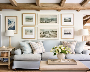 Living room gallery wall, home decor and wall art, framed art in the English country cottage interior, room for diy printable artwork mockup and print shop