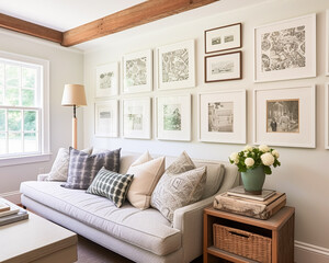 Living room gallery wall, home decor and wall art, framed art in the English country cottage interior, room for diy printable artwork mockup and print shop