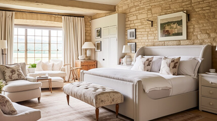 Cottage bedroom decor, interior design and holiday rental, bed with elegant bedding linen and antique furniture, English country house and farmhouse style