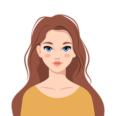 Female portrait. Girl with long hair and beautiful face. Young woman isolated on white background. Vector cartoon illustration in flat style. Poster or avatar.