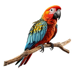 isolated real parrot on branch; transparent, 