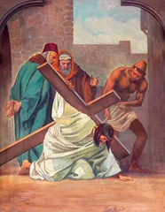  SEBECHLEBY, SLOVAKIA - OKTOBERT 8, 2022: The painting  Jesus fall under the cross  as part of Cross way stations in St. Michael parish church by unkonwn artist from beginn of 20. cent. © Renáta Sedmáková