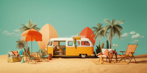 summer scene with camper-van