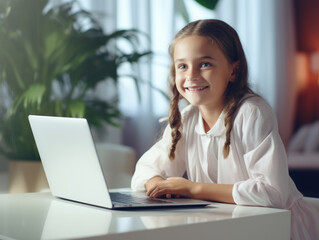 Smiling little girl studying in front of laptop, online school concept, study from home