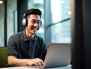 Obraz premium Smiling Asian male office worker wearing headphones in front of laptop working and making video call