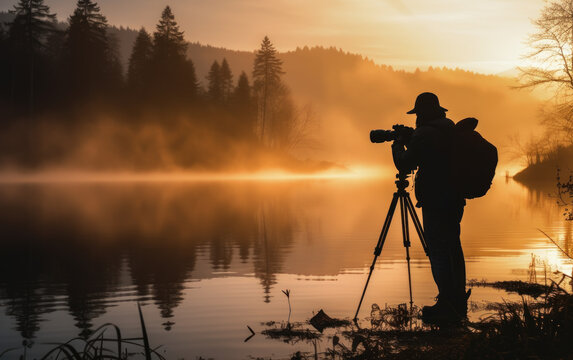 Silhouette of a Landscape photographer with camera on tripod at sunset.