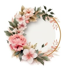 Beautiful round floral frame white background. Generative AI image weber.