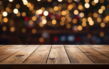 The empty wooden table top with blur bokeh background