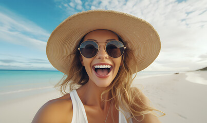 Beachside Selfie: Woman in Glasses and Hat Capturing Lively Moments in Eye-Catching, Rounded Style
