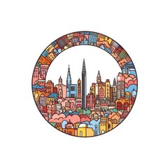 A circle shape frame with center space of Barcelona city skyline in simple doodle color cartoon style. beautiful Generative AI AIG32
