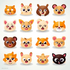 Naklejka premium Set of animal faces, face emojis, stickers, emoticons,cartoon funny mascot characters face set, Generative AI illustration